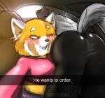  2022 absurd_res aggressive_retsuko ailurid anthro big_butt blush butt car clothed clothing duo english_text female haida he_wants_to_order hi_res hyaenid looking_at_viewer male mammal meme red_panda retsuko sanrio selfie smile spotted_hyena text thirstydraws tight_clothing tight_fit vehicle 