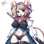  1:1 absolute_territory accessory animal_humanoid big_breasts big_ears black_bottomwear black_clothing blue_eyes bottomwear breasts buckteeth chatora_(pixiv) clothed clothing crown ear_piercing female fur hair hair_accessory humanoid jacket jewelry kemono legwear looking_at_viewer mammal mammal_humanoid melee_weapon mouse mouse_humanoid murid murid_humanoid murine murine_humanoid navel necklace open_mouth orange_hair panties piercing pink_nose rodent rodent_humanoid short_hair simple_background skimpy sleeves solo stockings sword teeth thigh_highs tiara topwear underwear warrior weapon white_body white_fur wide_hips 