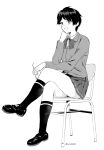  1girl alternate_costume blazer blush bow bowtie chair collared_shirt commentary_request crossed_legs cup drinking_straw from_side greyscale holding holding_cup jacket kneehighs loafers long_sleeves looking_at_viewer miniskirt mogami_(kancolle) monochrome open_mouth parted_bangs pleated_skirt school_chair school_uniform shirt shoes short_hair simple_background sitting skirt socks solo thighs tooku_nomura_(artist) twitter_username 