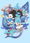  1boy beak big_man_(splatoon) company_connection crossed_arms crossover fangs froakie highres matchaneko mudkip oshawott piplup poke_ball pokemon pokemon_(creature) popplio simple_background sobble splatoon_(series) splatoon_3 squirtle sunglasses totodile 