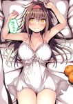  1girl ahoge ass_visible_through_thighs bed_sheet blush breasts brown_eyes brown_hair closed_mouth collarbone cowboy_shot dress food fruit hair_between_eyes hair_flaps hairband heart highres jewelry kantai_collection kuromayu large_breasts long_hair mandarin_orange pillow red_hairband ring shiratsuyu_(kancolle) shiratsuyu_kai_ni_(kancolle) smile solo speech_bubble translation_request wedding_ring white_dress 