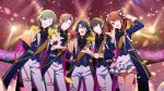  5boys ;d arm_behind_back asselin_bb_ii black_hair blue_eyes brown_eyes brown_hair cafe_parade_(idolmaster) closed_eyes confetti epaulettes green_eyes green_hair hair_between_eyes heterochromia highres idolmaster idolmaster_side-m kamiya_yukihiro male_focus mizushima_saki mole mole_under_mouth multiple_boys official_art one_eye_closed orange_eyes otoko_no_ko pants red_eyes satan_(idolmaster) shinonome_soichiro skirt smile teeth twintails upper_teeth_only uzuki_makio v white_pants 