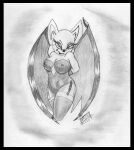  anthro bedroom_eyes biped chiropteran clothing female graphite_(artwork) mammal monochrome narrowed_eyes nipples pencil_(artwork) reddragonkan rouge_the_bat seductive sega smile solo sonic_the_hedgehog_(series) tight_clothing traditional_media_(artwork) wings 