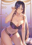  1girl absurdres bangs barefoot blush bra breasts cleavage collarbone commentary fate/grand_order fate_(series) floral_print hand_in_own_hair highres kneeling large_breasts lingerie long_hair mashuu_(neko_no_oyashiro) mature_female minamoto_no_raikou_(fate) navel panties parted_bangs parted_lips purple_background purple_bra purple_eyes purple_hair purple_panties smile solo thighs underwear 