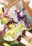  2girls atelier_(series) atelier_lydie_&amp;_suelle blush bow bowtie breasts cleavage detached_sleeves gloves hair_ornament hairband highres long_hair lydie_marlen multiple_girls open_mouth pink_eyes pink_hair qmmparabellum short_hair siblings side_ponytail single_detached_sleeve sisters skirt small_breasts staff suelle_marlen thighhighs twins yellow_bow 