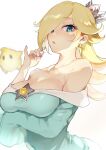  1girl absurdres arm_under_breasts bare_shoulders blonde_hair blue_dress blue_eyes blurry blurry_background breasts brooch cleavage crown dress earrings eyelashes hair_over_one_eye highres jewelry kmnk_(kumanuko) large_breasts long_hair long_sleeves looking_at_viewer luma_(mario) mario_(series) off-shoulder_dress off_shoulder open_mouth purple_nails rosalina star_(symbol) star_earrings super_mario_galaxy upper_body white_background 