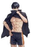  1boy abs black_hair black_jacket clothes_lift commentary cowboy_shot haikyuu!! hand_on_own_hip highres iyo039 jacket jacket_on_shoulders kageyama_tobio karasuno_volleyball_uniform lifting_own_clothes male_focus navel nipples number-only_commentary open_clothes open_jacket pectorals shirt shirt_lift short_hair shorts simple_background solo sportswear standing toned toned_male twitter_username volleyball_uniform white_background 