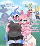  absurd_res anthro big_breasts blue_body blue_eyes blush breasts camel_toe clothed clothing dialogue eeveelution english_text female female/female generation_1_pokemon generation_4_pokemon generation_6_pokemon genital_outline group hashu hi_res leafeon legwear nintendo nipples pokemon pokemon_(species) pokemorph pussy_outline sylveon text vapor_(vaporwaveon) vaporeon video_games white_body yellow_body 