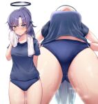  1girl arms_behind_back ass_visible_through_thighs blue_archive blue_eyes blush breasts buruma cowboy_shot from_below halo highres holding holding_towel kamuchin_soda long_hair looking_at_viewer multiple_views paid_reward_available ponytail shirt short_sleeves simple_background standing steam steaming_body sweat thighs towel towel_around_neck very_long_hair wet white_background yuuka_(blue_archive) yuuka_(gym_uniform)_(blue_archive) 