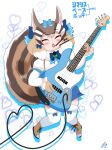  1girl absurdres animal_costume animal_ear_fluff animal_ears boots bow bowtie brown_hair chipmunk_costume chipmunk_ears chipmunk_girl chipmunk_tail extra_ears futo_utsu gloves highres kemono_friends kemono_friends_v_project kneehighs microphone multicolored_hair ribbon scarf shirt short_hair shorts siberian_chipmunk_(kemono_friends) simple_background socks solo tail vest virtual_youtuber 