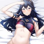  1girl ameno_(a_meno0) armpits bangs bikini blue_bikini blue_eyes blue_hair blush bottomless breasts commentary_request fire_emblem fire_emblem_awakening fire_emblem_cipher hair_between_eyes jewelry long_hair looking_at_viewer lucina_(fire_emblem) lying medium_breasts navel official_alternate_costume on_bed solo stomach sweat swimsuit symbol-shaped_pupils tiara underboob 
