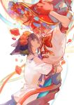  2boys animal_ears blue_hair cat_boy cat_ears cat_tail falling_petals flower hat hat_flower highres hug idolish_7 izumi_iori looking_at_another male_focus multiple_boys nanase_riku petals red_hair short_hair tail witch_hat zhizhi123 