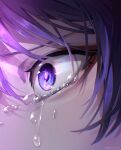  absurdres bangs commentary crying crying_with_eyes_open eye_focus eye_reflection genshin_impact gnosis_(genshin_impact) highres mitsudomoe_(shape) purple_eyes purple_hair red_eyeliner reflection scaramouche_(genshin_impact) shima_usagi solo tears tomoe_(symbol) twitter_username 