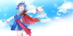  19670615t 1girl ahoge blue_eyes blue_hair blue_skirt cape cloud crescent crescent_hair_ornament hair_ornament highres open_mouth pointy_ears red_cape rena_lanford short_hair skirt smile solo star_ocean star_ocean_the_second_story thighhighs 