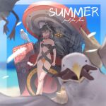  1girl bird black_hair blue_sky blurry blurry_foreground breasts brown_eyes day eating english_text highres long_hair original outdoors seagull shark sky small_breasts starfish summer swimsuit yuushoku 