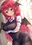  1girl arms_under_breasts bat_wings black_skirt black_vest breasts closed_mouth collared_shirt cowboy_shot crossed_arms head_wings highres indoors koakuma large_breasts long_hair long_sleeves looking_at_viewer multiple_wings necktie pantyhose pointy_ears red_eyes red_hair red_necktie reijing_etrn shirt skirt smile solo touhou vest white_shirt wings 