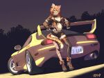  1girl animal_ear_fluff asymmetrical_legwear baronilu belt black_footwear black_gloves black_jacket black_shorts breasts car closed_mouth commentary_request commission cropped_jacket crossed_bangs dutch_angle fingerless_gloves full_body gloves green_eyes highres indie_virtual_youtuber jacket looking_at_viewer mazda_rx-7 mazda_rx-7_fd medium_breasts midriff mismatched_legwear motor_vehicle navel night open_clothes open_jacket orange_hair orange_trim shimada_tiger short_hair shorts signature skeb_commission smile solo sports_bra sports_car tail thighhighs tiger_girl tiger_tail torn_clothes torn_thighhighs vehicle_focus virtual_youtuber white_belt 