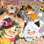  &gt;_&lt; 4boys animal_ears barrel_(live_a_hero) bat_(animal) black_hat black_suit blush bow bowtie brown_fur bug candy candy_cane claws closed_mouth commentary_request confetti cosplay death_(entity) dog_boy dog_ears dog_nose english_text fake_animal_ears fangs fedora food furry furry_male ghost green_fur grim_reaper grim_reaper_(cosplay) happy_halloween hat highres holding holding_pumpkin holding_scythe jack-o&#039;-lantern live_a_hero lollipop looking_at_viewer male_focus mokdai_(live_a_hero) multiple_boys mummy_costume one_eye_closed open_mouth orange_fur pawpads pubraseer_(live_a_hero) pumpkin red_bow red_bowtie scythe shirt shu_(homohomofever3) silk smile spider spider_web suit swirl_lollipop werewolf_costume white_fur white_shirt yohack 