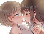  2girls betock blue_eyes blush brown_hair closed_eyes ear_blush french_kiss highres holding_hands interlocked_fingers kiss long_hair looking_at_another multiple_girls original saliva short_hair simple_background sweat tongue tongue_out upper_body white_background yuri 