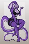  anthro apode black_bottomwear black_clothing black_nails black_shorts bottomwear breasts claws cleavage clothed clothing cobra colored_nails draconcopode female fingernails green_eyes hi_res humanoid legless long_fingernails long_tail melissa_nef nails non-mammal_breasts purple_body purple_scales reptile saltyserpent scales scalie serpentine shorts snake snake_hood solo syrilith toe_claws 