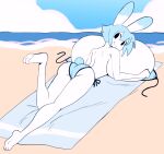  angstrom anthro back_boob beach beach_towel big_breasts black_eyes blue_hair breasts butt dipstick_ears female hair hi_res huge_breasts hyper hyper_breasts lagomorph leporid looking_back lying mammal molly_(angstrom) multicolored_ears on_front rabbit raised_leg seaside smile solo towel white_body 