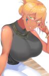  1girl ^^^ av0xu black_shirt bleach blonde_hair blue_tattoo breasts dark-skinned_female dark_skin earrings facial_tattoo gold_armlet gold_necklace green_eyes highres jewelry large_breasts lightning_bolt_symbol lightning_bolt_tattoo looking_at_viewer necklace pants shirt single_earring tattoo tier_harribel white_pants 