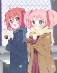  2girls :d absurdres ahoge akaza_akari aqua_eyes blue_jacket breath brown_jacket casual commentary_request double_bun drink hair_bobbles hair_bun hair_intakes hair_ornament highres holding holding_drink jacket mesushio multiple_girls outdoors pink_hair purple_eyes red_hair scarf smile twintails v winter yoshikawa_chinatsu yuru_yuri 