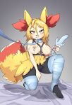  1girl animal_ear_fluff animal_ears animal_feet animal_nose artist_name bangs bed_sheet bell blonde_hair blue_thighhighs bottomless braixen breastless_clothes breasts collar commentary_request dildo feet fox_ears fox_girl fox_tail full_body furry furry_female gradient gradient_background grey_background hair_between_eyes hand_up highres holding holding_sex_toy jingle_bell large_breasts leash long_hair nail_polish navel nipple_bells nipple_piercing nipples one_knee parted_lips partial_commentary personification pet_play piercing pokemon pokemon_(creature) pussy raised_eyebrow red_eyes red_nails sex_toy shiny shiny_hair signature simple_background snout solo stomach striped striped_thighhighs tail tamalecc teeth thighhighs toeless_legwear uncensored 