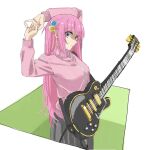  1girl absurdres arms_up bangs blue_eyes bocchi_the_rock! electric_guitar gibson_les_paul gotou_hitori grey_skirt guitar hair_between_eyes hair_cubes hair_ornament highres holding holding_instrument instrument jacket long_hair long_sleeves looking_at_viewer pink_hair pink_jacket pleated_skirt skirt solo tanakasan1199 track_jacket upper_body white_background 