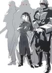 1girl 3boys armor boots buttons character_request closed_mouth coat combat_helmet crossed_arms double-breasted frown full_body gas_mask glaring greyscale half-closed_eyes helmet highres jin-roh kerberos_saga knee_boots long_hair looking_at_viewer mask mole mole_under_eye monochrome multiple_boys osakana_(denpa_yun&#039;yun) pants ponytail simple_background soldier stahlhelm standing 