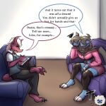 1:1 2_heads anthro before chair claws clothed clothing dialogue duo english_text female furniture generation_5_pokemon hi_res horn imminent_transformation imp luxythesheep male multi_head nintendo on_chair on_sofa pokemon pokemon_(species) pre-transformation red_body sitting sitting_on_chair sitting_on_sofa sofa speech_bubble tablet tablet_pen text toe_claws writing_in_notebook writing_into_reality zweilous