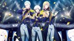  3boys black_hair blonde_hair blue_hair confetti epaulettes hair_between_eyes highres idolmaster idolmaster_side-m index_finger_raised kitamura_sora koron_chris kuzunoha_amehiko legenders_(idolmaster) long_hair looking_at_viewer male_focus multicolored_hair multiple_boys official_art one_eye_closed pants smile stage_lights two-tone_hair white_hair white_pants 