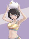  1girl adapted_costume animal_on_head armpits arms_up bangs bird black_hair blue_eyes blush bra breasts cleavage collarbone commentary_request duck eyelashes highres hololive large_breasts looking_at_viewer medium_hair navel nekorone0222 on_head oozora_subaru open_mouth purple_background shiny shiny_hair shiny_skin sidelocks solo sports_bra stomach striped striped_bra swept_bangs teeth tongue underwear upper_body upper_teeth virtual_youtuber 