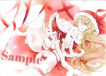  1girl arim0k0 blonde_hair breasts christmas cleavage clothes_pull fur_trim garter_straps hat highres huge_breasts long_hair looking_at_viewer lying navel nightcap on_back open_mouth pulled_by_self red_headwear red_ribbon ribbon sample_watermark santa_costume solo thighhighs touhou traditional_media white_thighhighs yakumo_yukari yellow_eyes 