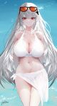  1girl arknights arms_behind_back bikini breasts cleavage eyewear_on_head grey_hair highres large_breasts long_hair looking_at_viewer navel omone_hokoma_agm red_eyes sarong skadi_(arknights) skadi_(waverider)_(arknights) solo sunglasses swimsuit very_long_hair white_bikini 