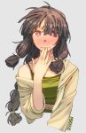  1girl bangs black_hair blush bra braid closed_mouth commentary cropped_torso ergot green_bra grey_background hair_between_eyes hand_to_own_mouth heart heart-shaped_pupils highres kantai_collection kitakami_(kancolle) kitakami_kai_ni_(kancolle) long_hair looking_at_viewer nose_blush off_shoulder open_clothes open_shirt purple_eyes sailor_collar signature simple_background single_braid solo sports_bra symbol-shaped_pupils underwear upper_body very_long_hair 