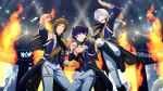  3boys ahoge black_footwear blue_eyes blue_hair boots brown_hair clenched_hands enjoji_michiru epaulettes fingernails fire green_eyes grey_hair hair_between_eyes highres idol idolmaster idolmaster_side-m kizaki_ren looking_at_viewer male_focus multiple_boys official_art open_mouth pants smile stage_lights taiga_takeru teeth the_kogado_(idolmaster) upper_teeth_only white_pants yellow_eyes 