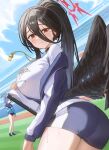  2girls absurdres angel angel_wings ass black_hair black_wings blue_archive blue_sky blush breasts cloud day feathered_wings hair_between_eyes halo hasumi_(blue_archive) hasumi_(gym_uniform)_(blue_archive) highres huge_breasts jacket long_hair looking_at_viewer mole multiple_girls off_shoulder oh_kyoung_hwan outdoors ponytail red_eyes shirt shorts sky star_sticker sticker_on_face sweat sweatdrop wings yuuka_(blue_archive) yuuka_(gym_uniform)_(blue_archive) 
