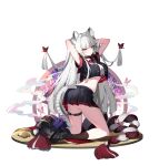  1girl absurdres aged_up animal_ear_fluff animal_ears armor arms_behind_head back belly belt_collar black_choker black_footwear black_shirt black_skirt black_socks blunt_ends breasts bug butterfly cat_ears cat_girl cat_tail choker collar eversoul full_body game_cg highres japanese_armor kneeling large_breasts light_blush long_hair looking_at_viewer midriff miniskirt mole mole_under_eye official_alternate_costume official_art parted_lips platform_footwear purple_eyes red_butterfly red_sailor_collar rope sailor_collar sakuyo_(eversoul) sakuyo_(inferno)_(eversoul) school_uniform serafuku shimenawa shirt short_sleeves skirt smoke smoke_trail socks solo tachi-e tail thigh_strap transparent_background undersized_clothes unworn_armor white_hair 