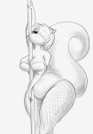  anthro big_butt bunny_costume butt clothing costume dancing elizabeth_(mrschllyay) felid feline female fishnet fishnet_legwear hair hair_over_eye happy hi_res huge_butt hybrid legwear mammal mautis_skunk mephitid monochrome one_eye_obstructed pole pole_dancing skunk solo thick_tail thick_thighs 