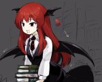  1girl :d bat_wings book book_stack happy head_wings holding holding_book koakuma long_hair necktie open_book open_mouth reading red_eyes red_hair shirt smile solo touhou wings yukihiko_(sky_sleep) 