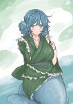  1girl absurdres blue_hair breasts head_fins highres huge_breasts japanese_clothes kimono kuraki long_sleeves looking_at_viewer mermaid monster_girl simple_background smile solo touhou wakasagihime wide_sleeves 