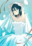  1girl absurdres armpits arms_up bangs bare_shoulders black_eyes black_hair bleach blue_background bridal_veil closed_mouth dress earrings elbow_gloves flower gloves hair_flower hair_ornament highres jewelry jou_(jo_jjo) kuchiki_rukia looking_at_viewer necklace petals short_hair solo strapless strapless_dress upper_body veil wedding_dress white_dress white_flower white_gloves 