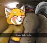  2022 absurd_res aggressive_retsuko ailurid anthro backsack balls big_butt blush butt car clothed clothing duo english_text female fishnet fishnet_clothing fishnet_topwear fur genitals haida he_wants_to_order hi_res hyaenid looking_at_viewer male mammal meme nipple_piercing nipples partially_clothed partially_clothed_female patterned_clothing piercing red_panda retsuko sanrio selfie smile spots spotted_body spotted_butt spotted_fur spotted_hyena text thirstydraws topwear vehicle 