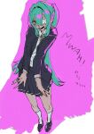  1girl alternate_costume black_footwear black_jacket black_skirt blue_eyes blue_hair eyepatch foreshortening full_body green_necktie hair_intakes hatsune_miku highres jacket kneehighs long_hair long_sleeves looking_at_viewer medical_eyepatch monitoring_(vocaloid) multicolored_eyes necktie open_clothes open_jacket open_mouth osakana_(denpa_yun&#039;yun) outstretched_arms pink_background pink_eyes pleated_skirt school_uniform shirt shoes simple_background skirt smile socks solo standing translation_request twintails two-tone_background vocaloid white_background white_shirt white_socks 