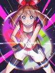  1girl bike_shorts blush bow breasts cleavage collarbone glowing hand_on_hip highres inana_umi light_brown_hair looking_at_viewer may_(pokemon) mega_ring pokemon pokemon_(game) pokemon_oras red_bow red_shirt shirt shorts sleeveless sleeveless_shirt smile standing 