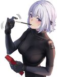  1girl 3_small_spiders absurdres arm_up bangs black_bodysuit black_gloves blush bodysuit breasts closed_mouth commentary food from_side girls&#039;_frontline gloves highres holding holding_food holding_pocky large_breasts long_sleeves looking_at_viewer medium_hair mouth_hold pocky pocky_in_mouth purple_eyes rpk-16_(girls&#039;_frontline) smile solo standing upper_body white_background white_hair 