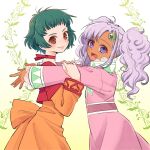 2girls 4lily absurdres choker closed_mouth dark-skinned_female dark_skin dress farah_oersted green_hair highres long_hair looking_at_viewer meredy_(tales) multiple_girls open_mouth purple_eyes purple_hair short_hair smile tales_of_(series) tales_of_eternia twintails 
