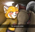  2022 absurd_res aggressive_retsuko ailurid anthro ball_bulge big_butt blush butt car clothed clothing duo english_text female fishnet fishnet_clothing fishnet_topwear fur haida he_wants_to_order hi_res hyaenid looking_at_viewer male mammal meme nipple_piercing nipples partially_clothed partially_clothed_female patterned_clothing piercing red_panda retsuko sanrio selfie smile spots spotted_body spotted_fur spotted_hyena text thirstydraws thong tight_clothing tight_fit topwear underwear vehicle 
