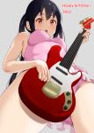  1girl 2022 bangs black_hair brown_eyes casual_one-piece_swimsuit cowboy_shot electric_guitar from_below guitar hair_between_eyes happy_birthday highres instrument island_lagoon k-on! long_hair looking_at_viewer nakano_azusa one-piece_swimsuit pink_one-piece_swimsuit sidelocks solo standing swimsuit twintails 